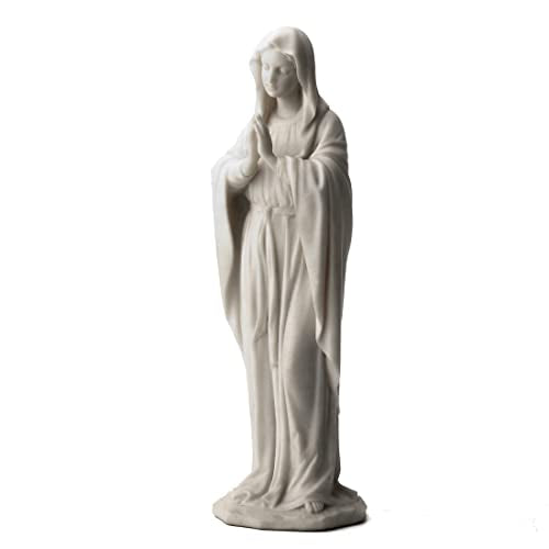 11 7/8" marble-like white Virgin Mary statue with detailed robe folds and hands clasped in prayer