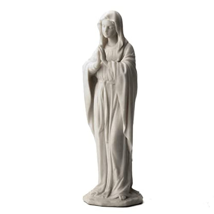 11 7/8" marble-like white Virgin Mary statue with detailed robe folds and hands clasped in prayer