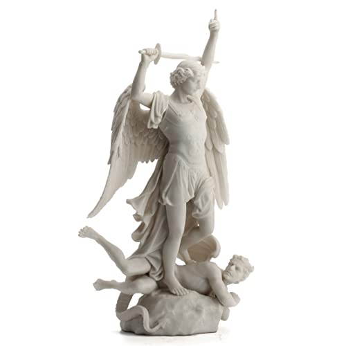 15" marble-like St. Michael the Archangel statue in resin, standing over defeated demon with detailed wings and armor
