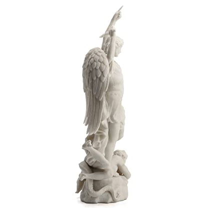 15" marble-like white St. Michael the Archangel statue standing victoriously over defeated demon in detailed resin design