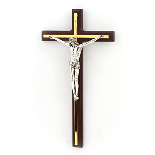 10 1/2" wooden wall cross with gold finish and detailed silver crucifix of Jesus Christ centerpiece