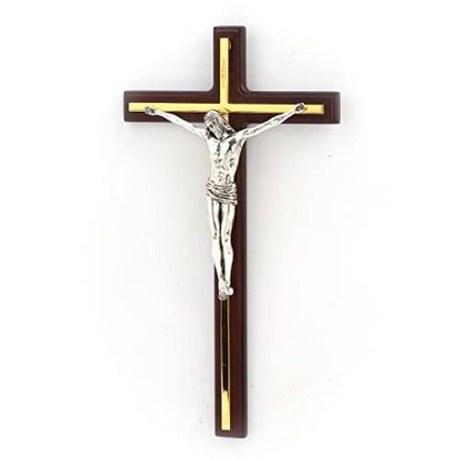 10 1/2" wooden wall cross with gold finish and detailed silver crucifix of Jesus Christ centerpiece