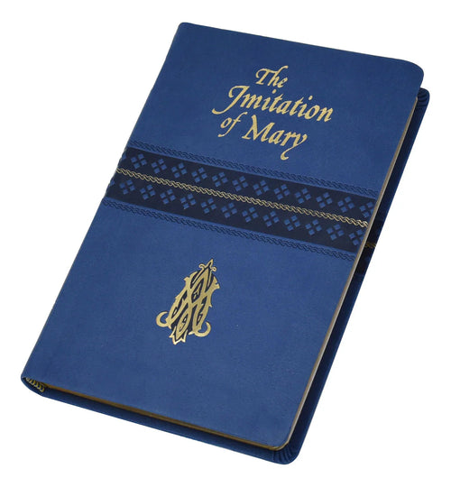 Blue hardcover book titled The Imitation of Mary with gold embossed text and decorative black and gold band detail