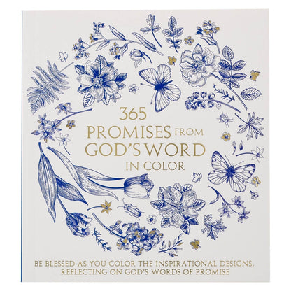 365 Promises from God's Word floral coloring book with blue detailed flowers, butterflies, and gold foil lettering on white cover