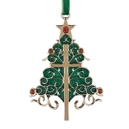 Gold Christmas tree ornament with green enamel scroll design and red gemstone accents hanging on green ribbon