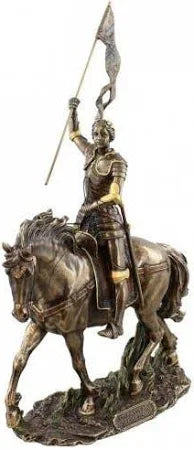 11 1/8" St. Joan of Arc statue on horseback holding flag, bronzed polyresin with detailed armor and base plaque