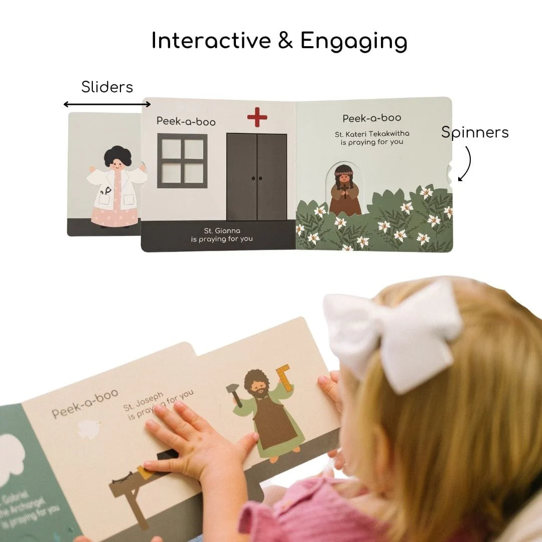 Peek-a-boo saints 2 Catholic board book open to interactive slider and spinner pages with child reading