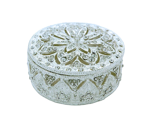 Sparkling Silver Round Jewelry Box with Crystals