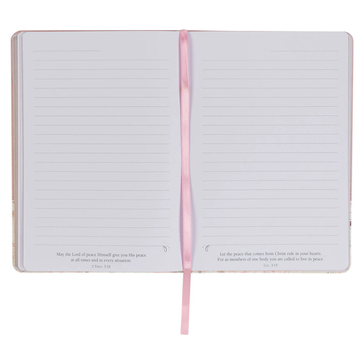 Open Done in Love Pink Floral Classic Journal showing lined pages with printed Bible verses and pink ribbon bookmark