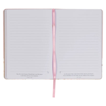 Open Done in Love Pink Floral Classic Journal showing lined pages with printed Bible verses and pink ribbon bookmark