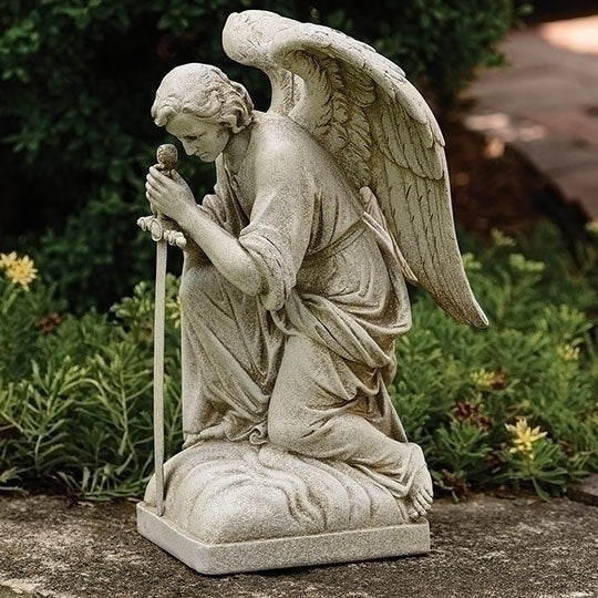 Kneeling male angel garden statue 13.25 inches tall with detailed wings and serene expression, hand-painted gray finish.