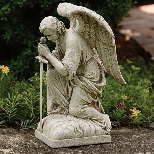 Kneeling male angel garden statue 13.25 inches tall with detailed wings and serene expression, hand-painted gray finish.