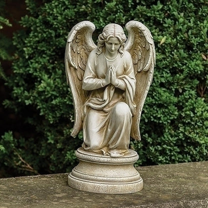 17.75" praying angel garden statue kneeling on round pedestal with flowing robes and detailed wings in serene pose