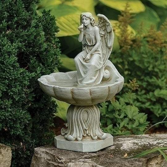 Angel birdbath garden statue 19.25 inches tall featuring seated serene angel on decorative pedestal bowl.