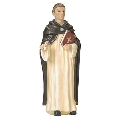 St. Thomas Aquinas figurine 4 inches tall holding a book with cross, wearing cream robe and black cloak.
