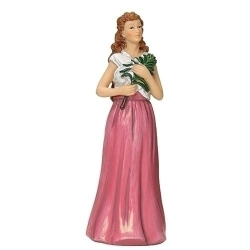 St. Agatha figurine 3.75 inches tall holding lilies, wearing a white blouse and long pink skirt, symbolizing devotion.