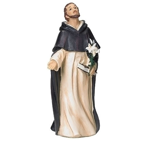 St. Dominic statue 4 inches tall holding lilies and a book, dressed in traditional Dominican habit with serene expression.