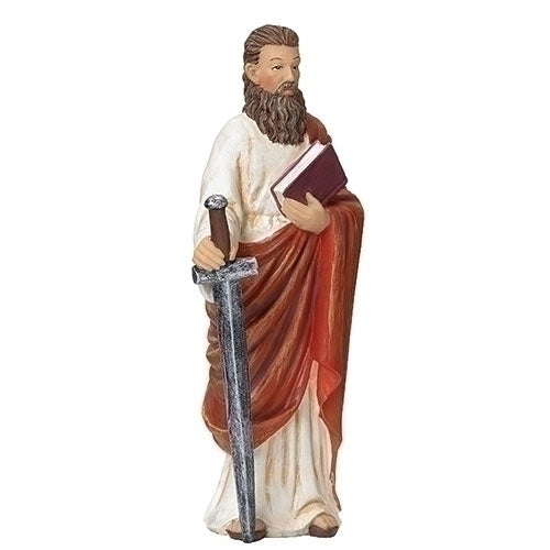 St. Paul figurine 4 inches tall holding a sword and book, featuring detailed robes and contemplative expression