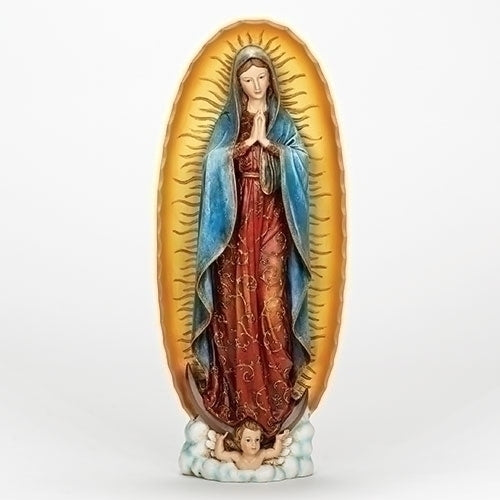 18.5-inch statue of Our Lady of Guadalupe in red and blue robes with a golden halo and angel base.