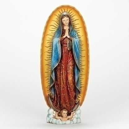 18.5-inch statue of Our Lady of Guadalupe in red and blue robes with a golden halo and angel base.