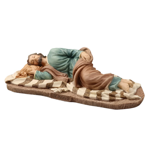 8 3/8" Sleeping St. Joseph statue hand-painted in calming blue and brown robes resting on striped blanket base