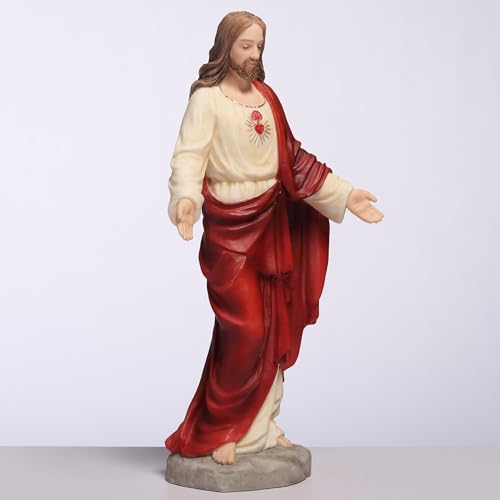 6 1/8" Sacred Heart of Jesus statue in hand-painted resin with red and cream robes, heart detail, and open arms pose