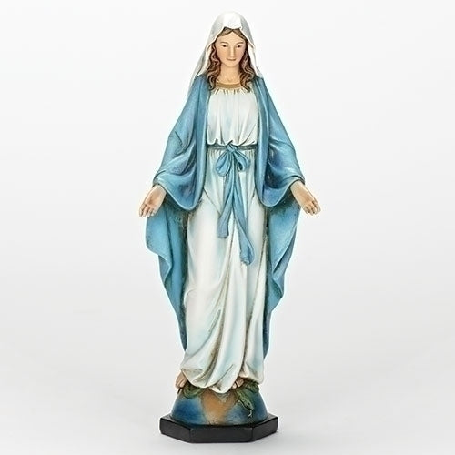Statue of Our Lady of Grace dressed in white and blue robes standing on a globe with outstretched arms, 10.25 inches tall.