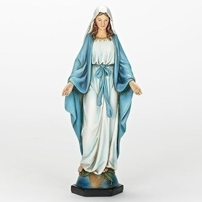 Statue of Our Lady of Grace dressed in white and blue robes standing on a globe with outstretched arms, 10.25 inches tall.