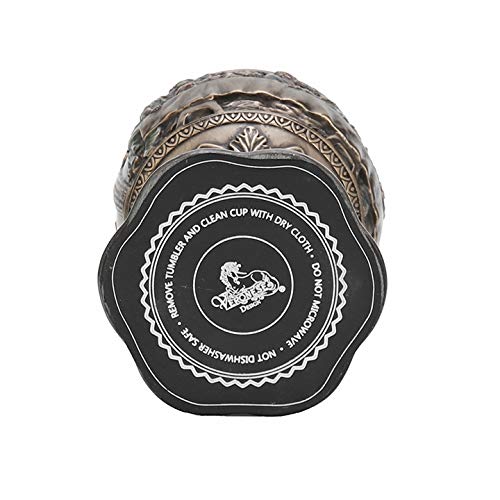 6 3/4" Last Supper chalice cup with antique bronze finish and embossed decorative base label detailing care instructions