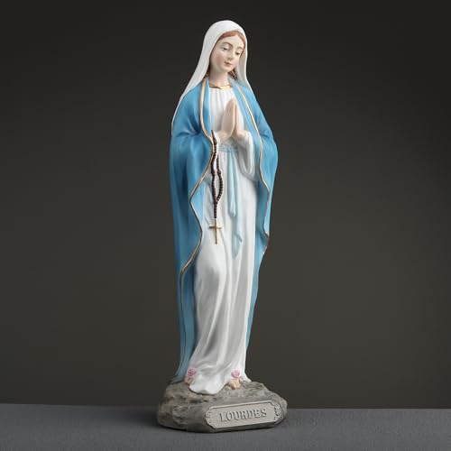 6 1/8" hand-painted polyresin Our Lady of Lourdes statue with blue mantle, praying hands, and rosary beads on base
