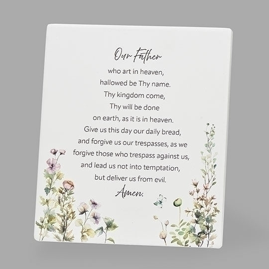 5.5" ceramic wall plaque with Lord's Prayer text and delicate watercolor floral accents on white background