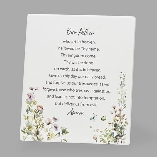 5.5" ceramic wall plaque with Lord's Prayer text and delicate watercolor floral accents on white background