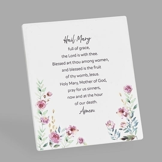 5.5" ceramic wall plaque featuring the Hail Mary prayer with floral accents and easel back for display