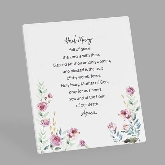 5.5" ceramic wall plaque featuring the Hail Mary prayer with floral accents and easel back for display