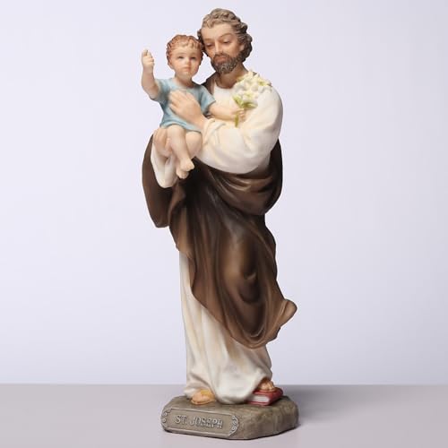 6 3/8" hand-painted polyresin statue of St. Joseph holding Baby Jesus with detailed robes and flowers
