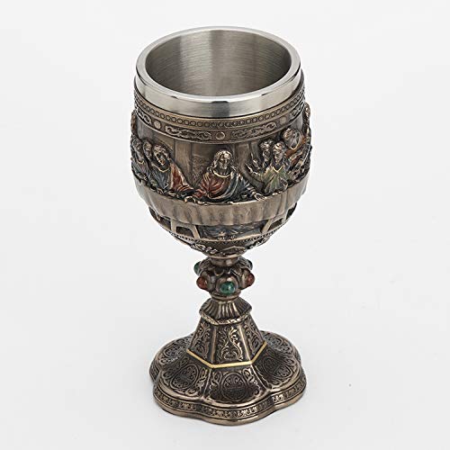 6 3/4" Last Supper chalice cup with antique bronze finish, detailed biblical scene and ornate base design