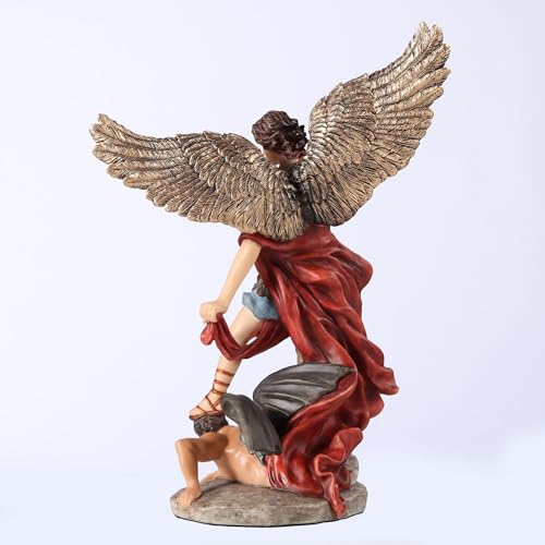 6 3/8" hand-painted St. Michael statue with gold wings, red robe, standing on defeated demon on stone base