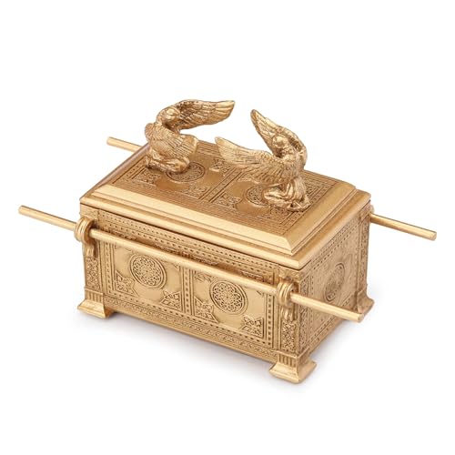 4 3/4" resin Ark of the Covenant keepsake box with intricate gold finish and detailed cherub figures on hinged lid