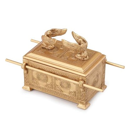 4 3/4" resin Ark of the Covenant keepsake box with intricate gold finish and detailed cherub figures on hinged lid