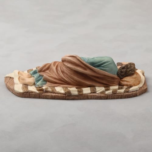 8 3/8" Sleeping St. Joseph statue hand-painted in polyresin, lying peacefully on detailed textured base with blanket and pillow