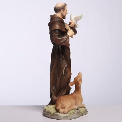 6 3/8" Saint Francis statue in brown robe holding white dove with dog lying on detailed natural base