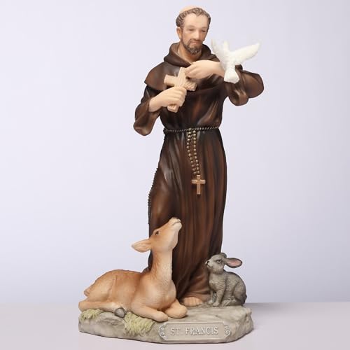 6 3/8" hand-painted Saint Francis statue with rosary, holding dove, and detailed deer and rabbit at base