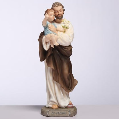6 3/8" hand-painted polyresin statue of St. Joseph holding Baby Jesus with white lilies and detailed robes