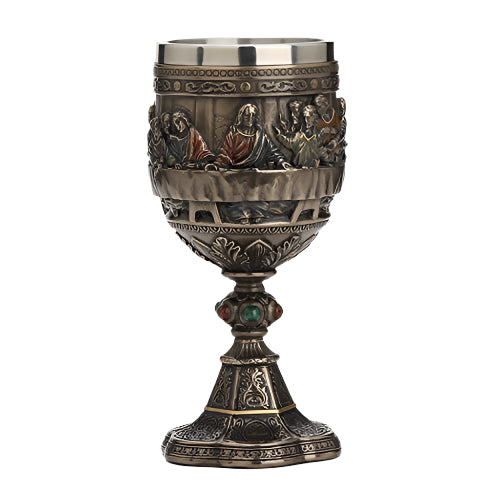 6 3/4" Last Supper Chalice cup with antique bronze finish, detailed biblical scene, and ornamental base design