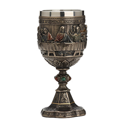 6 3/4" Last Supper Chalice cup with antique bronze finish, detailed biblical scene, and ornamental base design