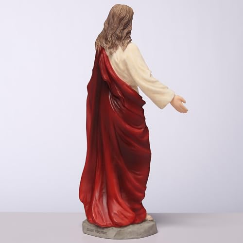 6 1/8" Sacred Heart of Jesus statue with red and cream robe, outstretched arms, and detailed textured base