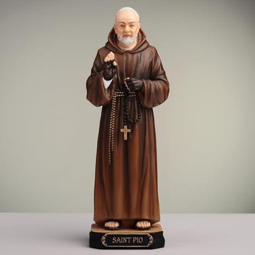 6 1/4" hand-painted polyresin St. Padre Pio statue in brown robe holding black rosary with wooden beads on black base