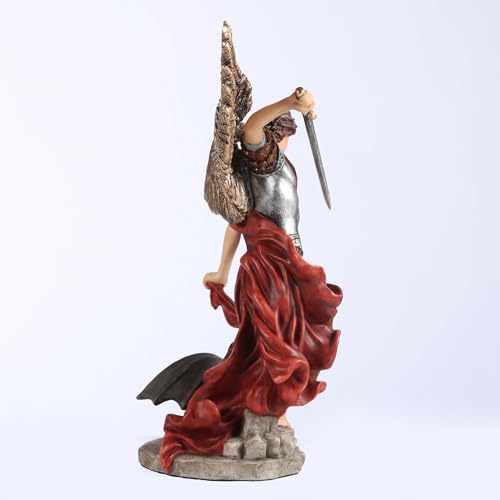 6 3/8" hand-painted St. Michael statue with flowing red robe, raised sword, detailed wings, and demon underfoot on stone base