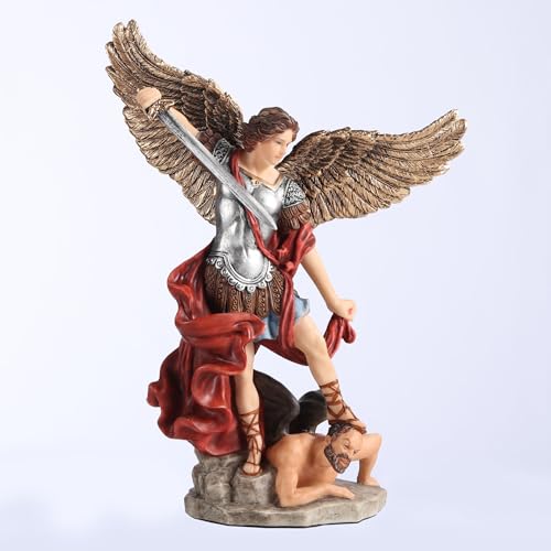 6 3/8" hand-painted St. Michael statue with detailed wings, armor, red cloak, defeating demon on stone base