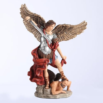 6 3/8" hand-painted St. Michael statue with detailed wings, armor, red cloak, defeating demon on stone base